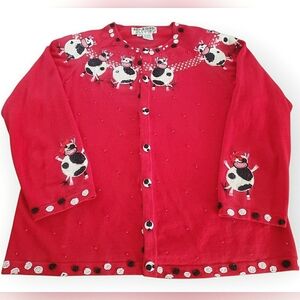 Cow Vintage Red Medium Dancing Quirky Whimsical Knit Beaded Sequin Cardigan